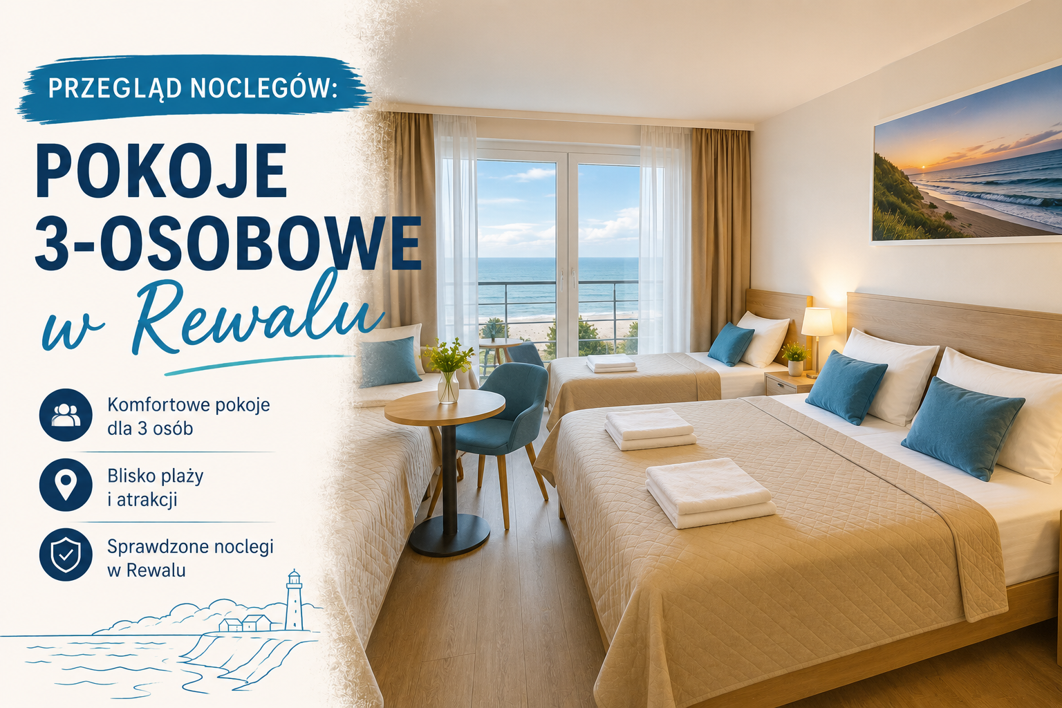 Pokój 3-osobowy z trzema łóżkami, widokiem na morze i balkonem w Rewalu