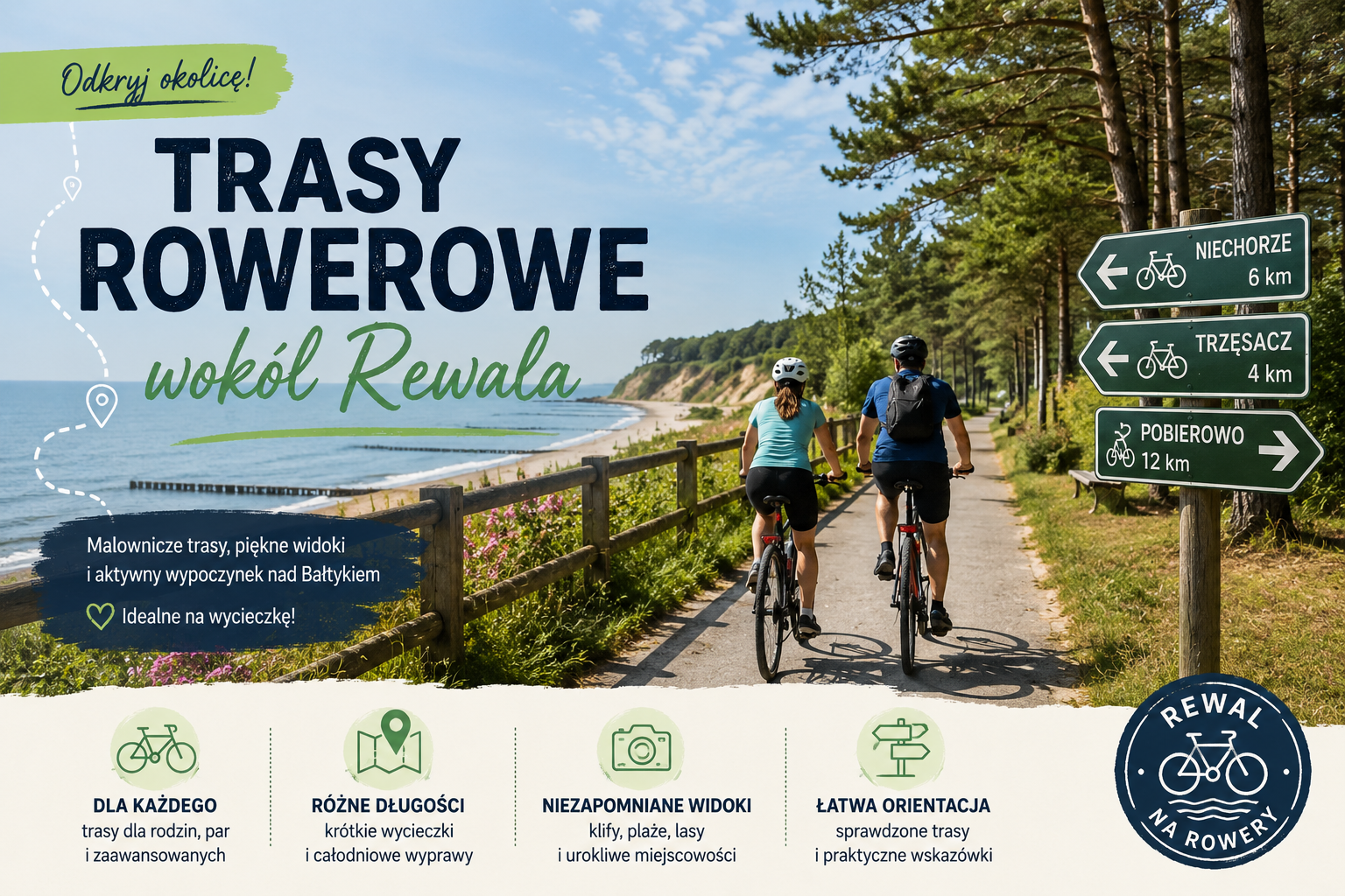 Dwóch rowerzystów na nadmorskiej trasie w lesie, z drogowskazami do Niechorza, Trzęsacza i Pobierowa
