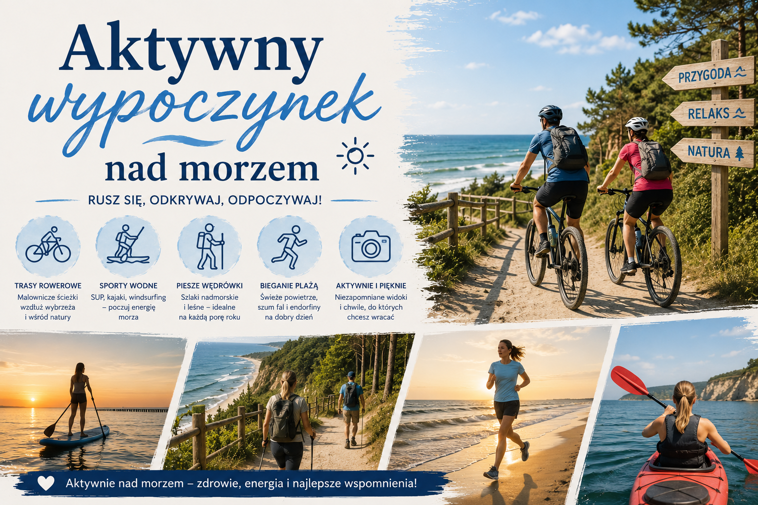 Rowerzyści na nadmorskim szlaku, plaża, kajaki, bieganie i piesze wędrówki nad morzem