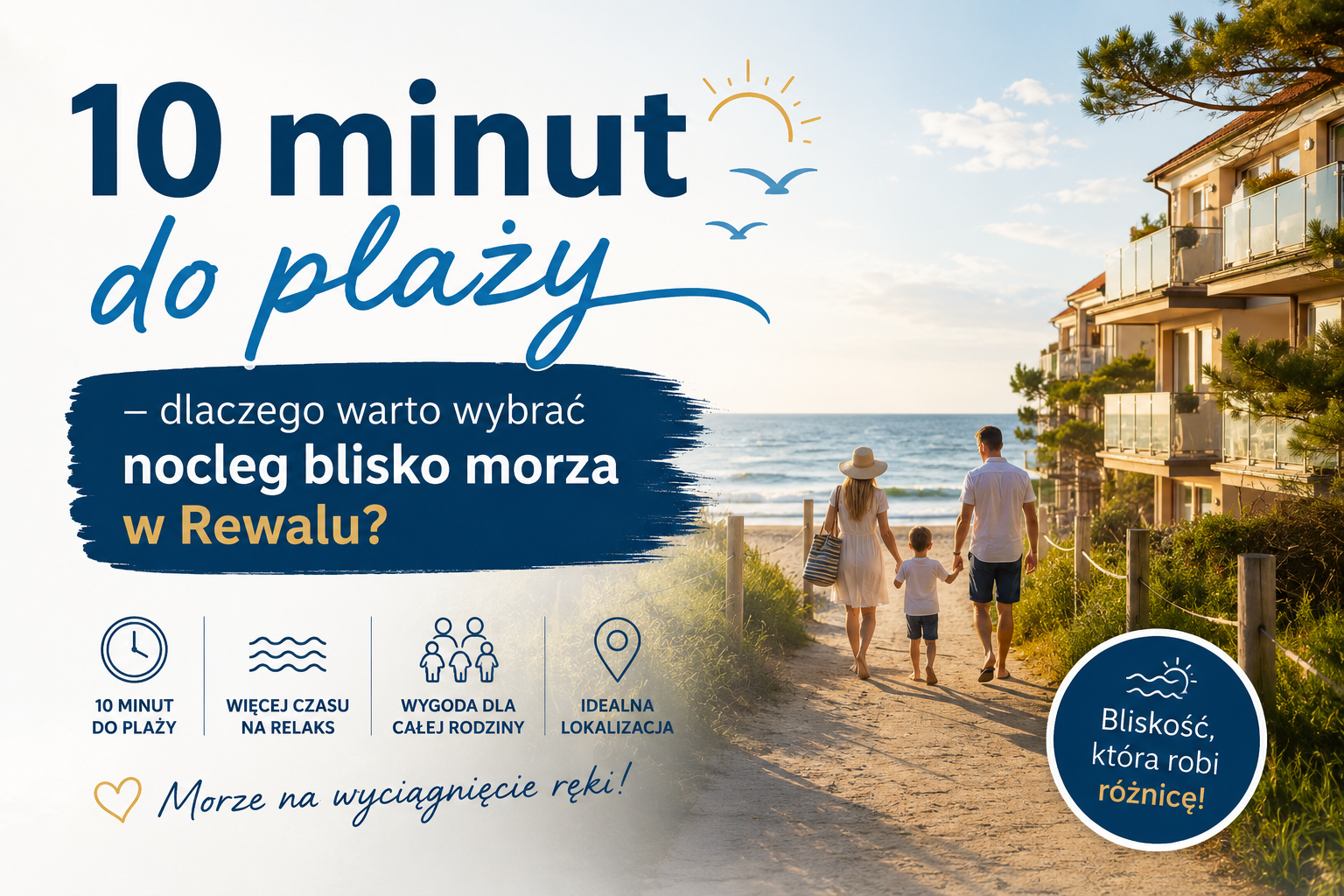 Rodzina idzie ścieżką nad morze obok apartamentów w Rewalu, z napisem „10 minut do plaży”