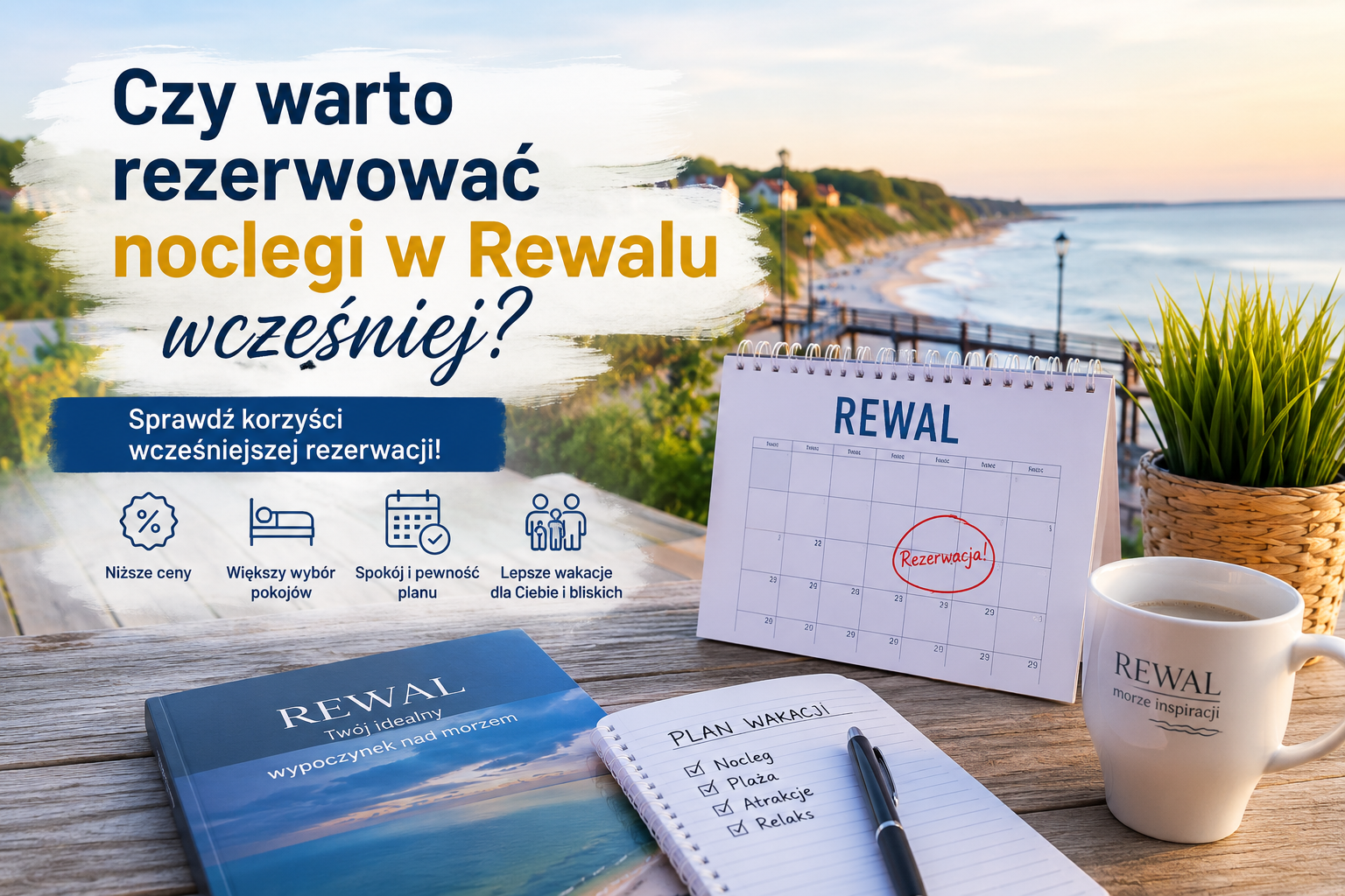 Rewal nad morzem, kalendarz z rezerwacją, notatnik planu wakacji i kubek na tarasie