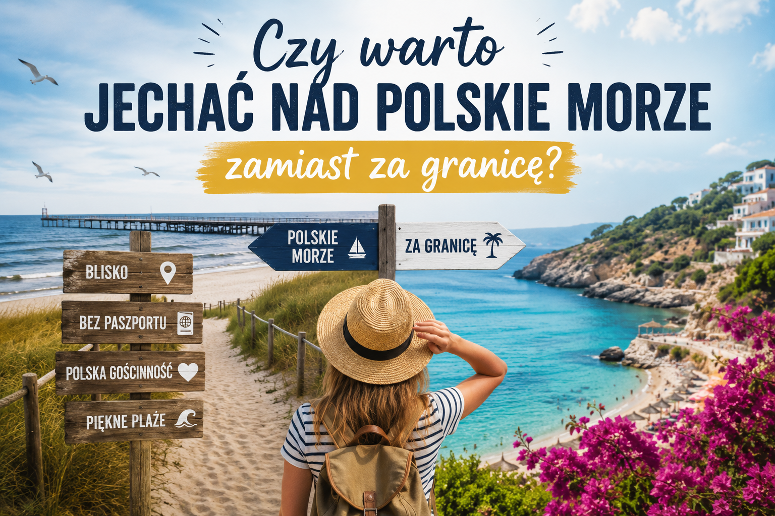 Kobieta z plecakiem na tle plaży, morza i drogowskazów „Polskie morze” oraz „Za granicę”