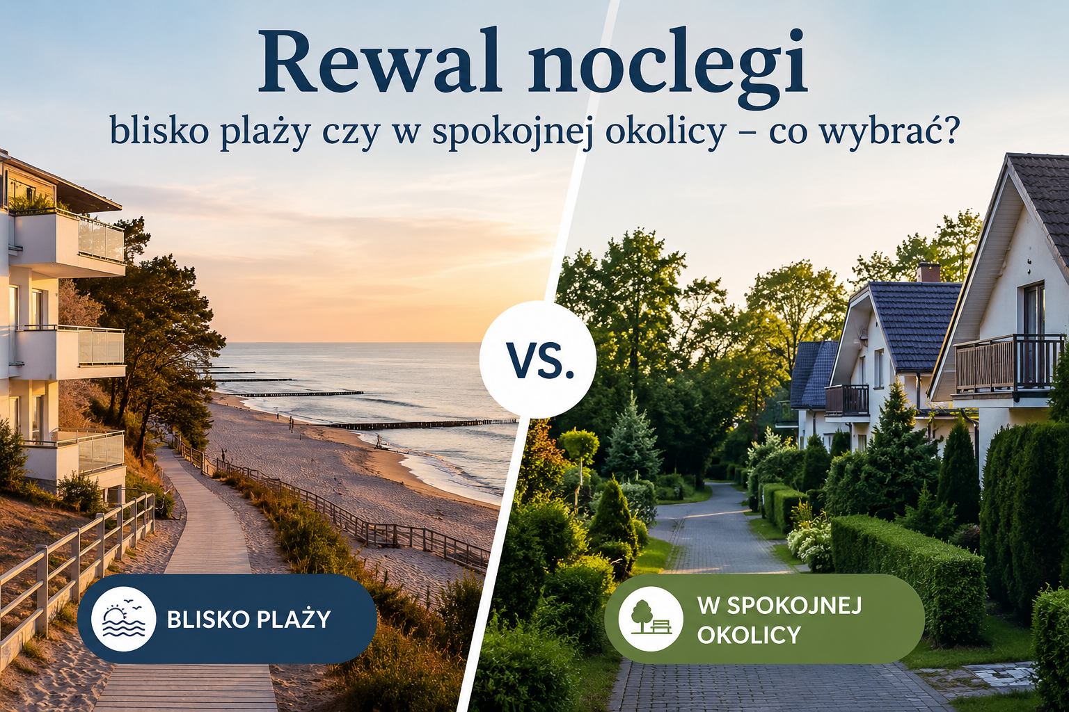 Noclegi w Rewalu: przy plaży i w spokojnej okolicy, podział na dwa widoki z napisem VS