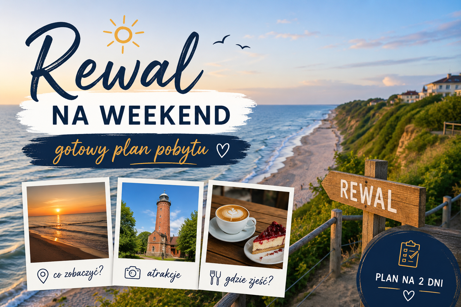 Rewal nad morzem, klif, plaża i napis „Rewal na weekend” z planem pobytu na 2 dni
