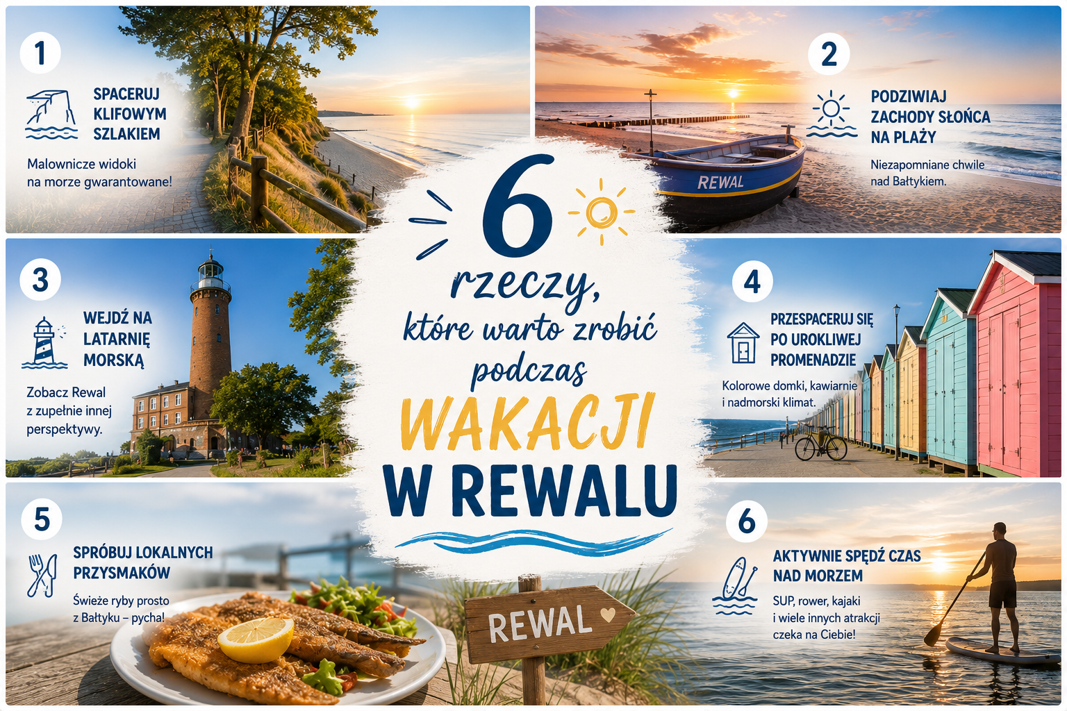 Infografika z 6 atrakcjami wakacji w Rewalu: klif, plaża, latarnia, promenada, ryby i sporty wodne