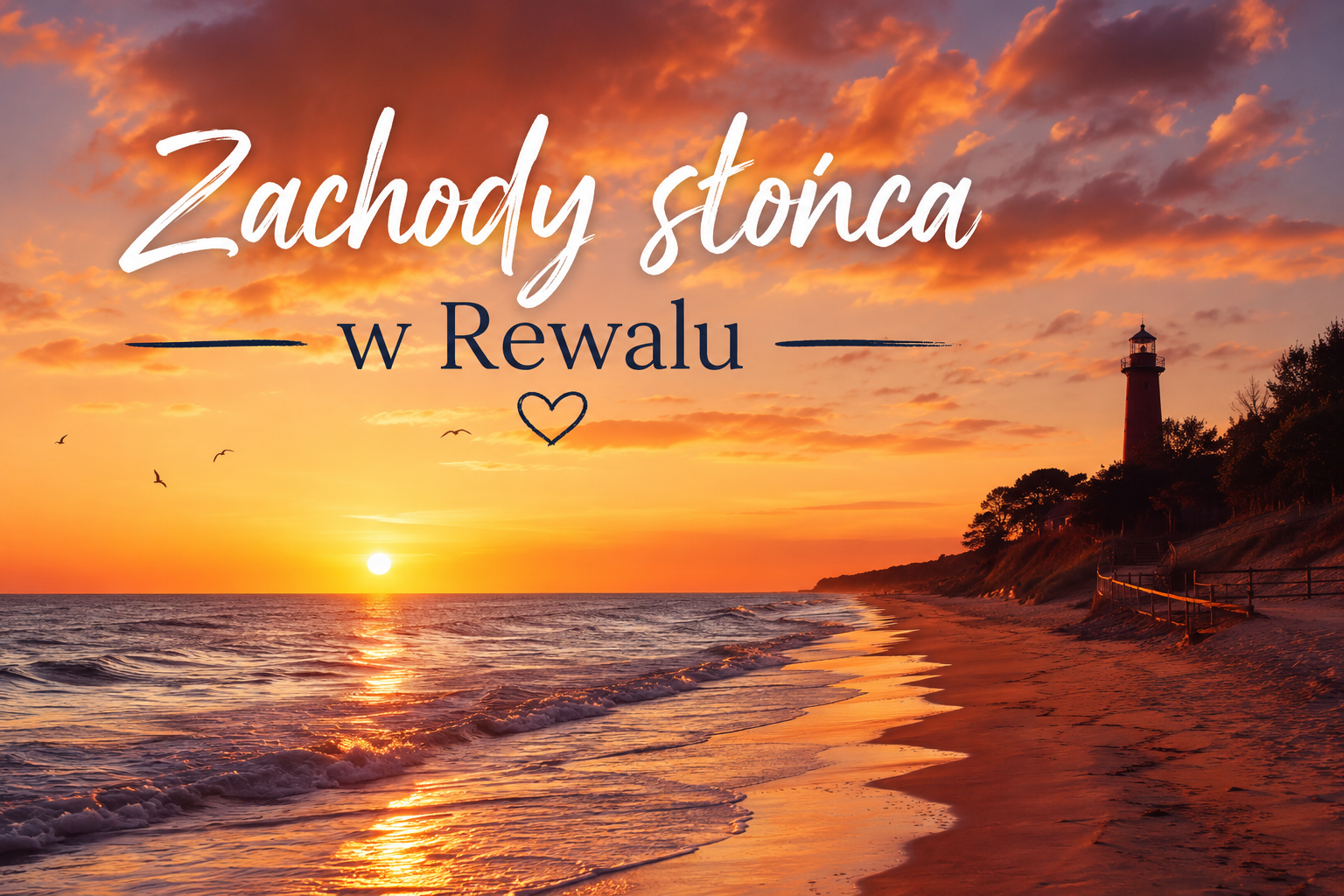 Zachód słońca nad plażą w Rewalu z latarnią morską i napisem „Zachody słońca w Rewalu”