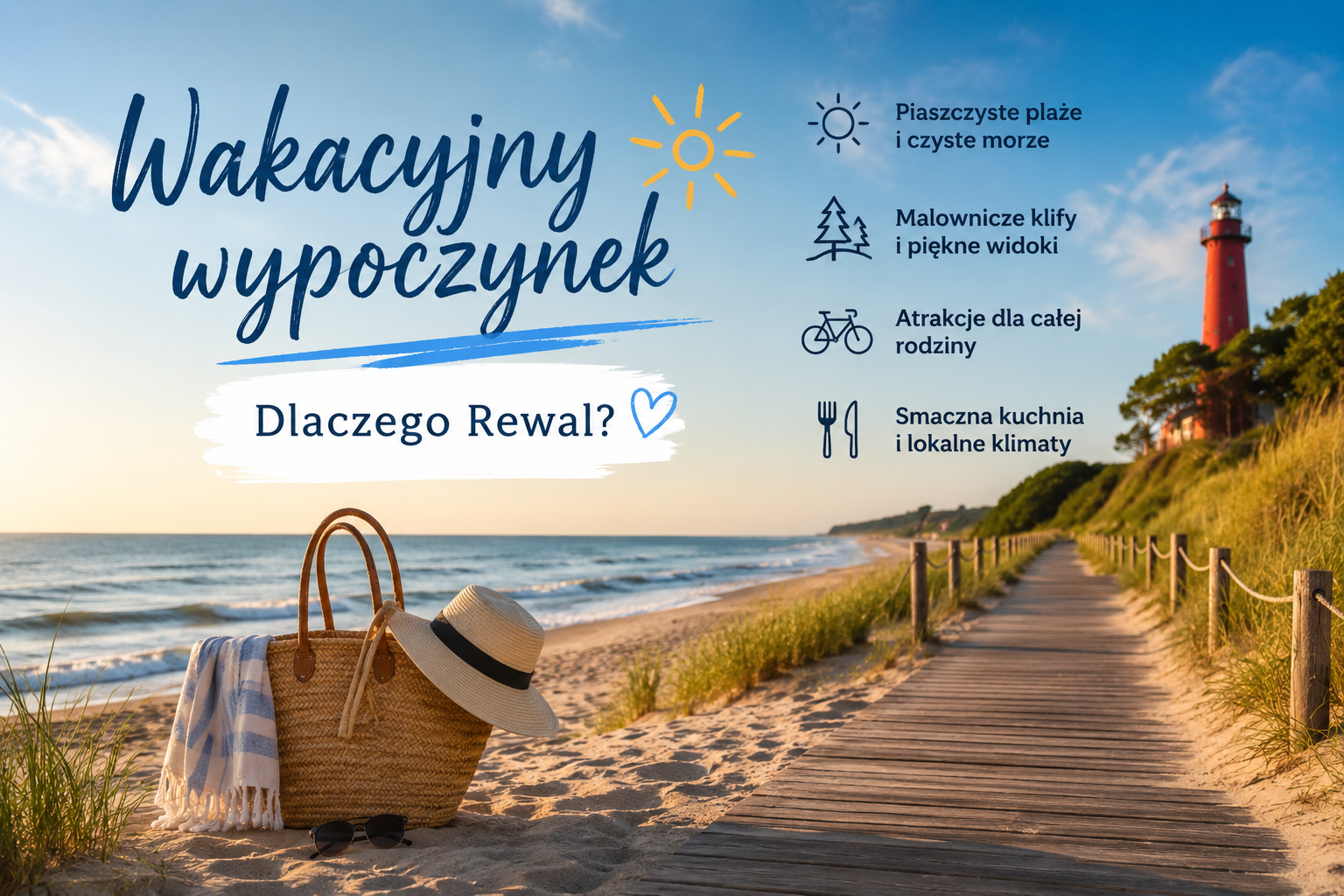 Plaża w Rewalu, drewniany deptak, latarnia morska i wakacyjne akcesoria na piasku
