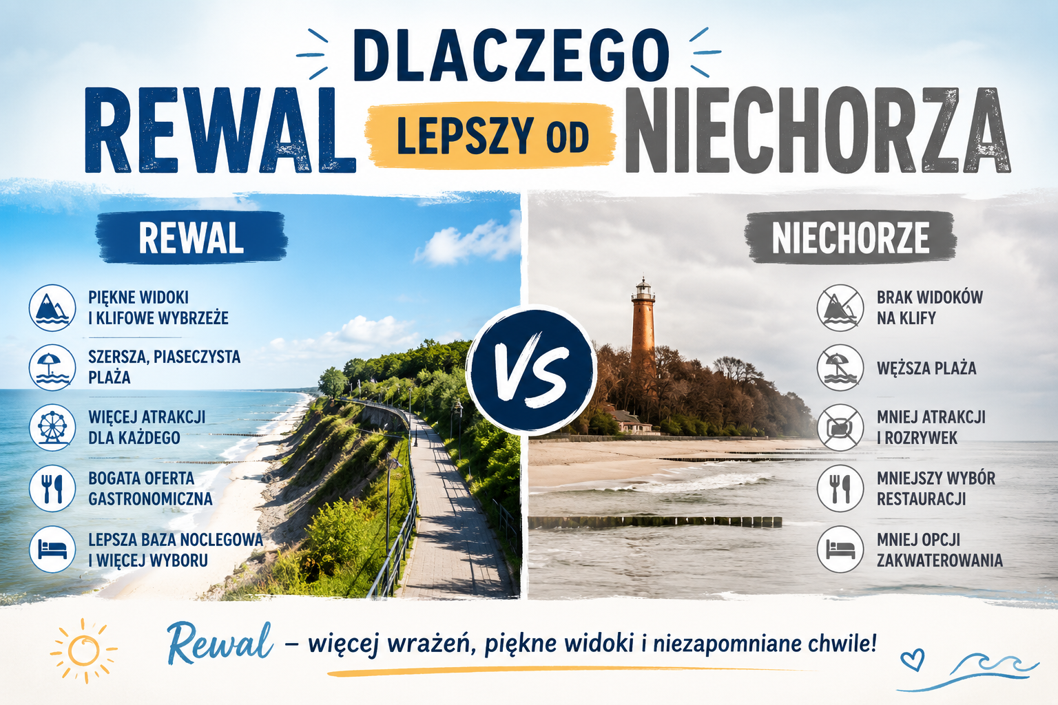 Rewal i Niechorze na grafice porównawczej z klifem, plażą i latarnią morską, z przewagami Rewala